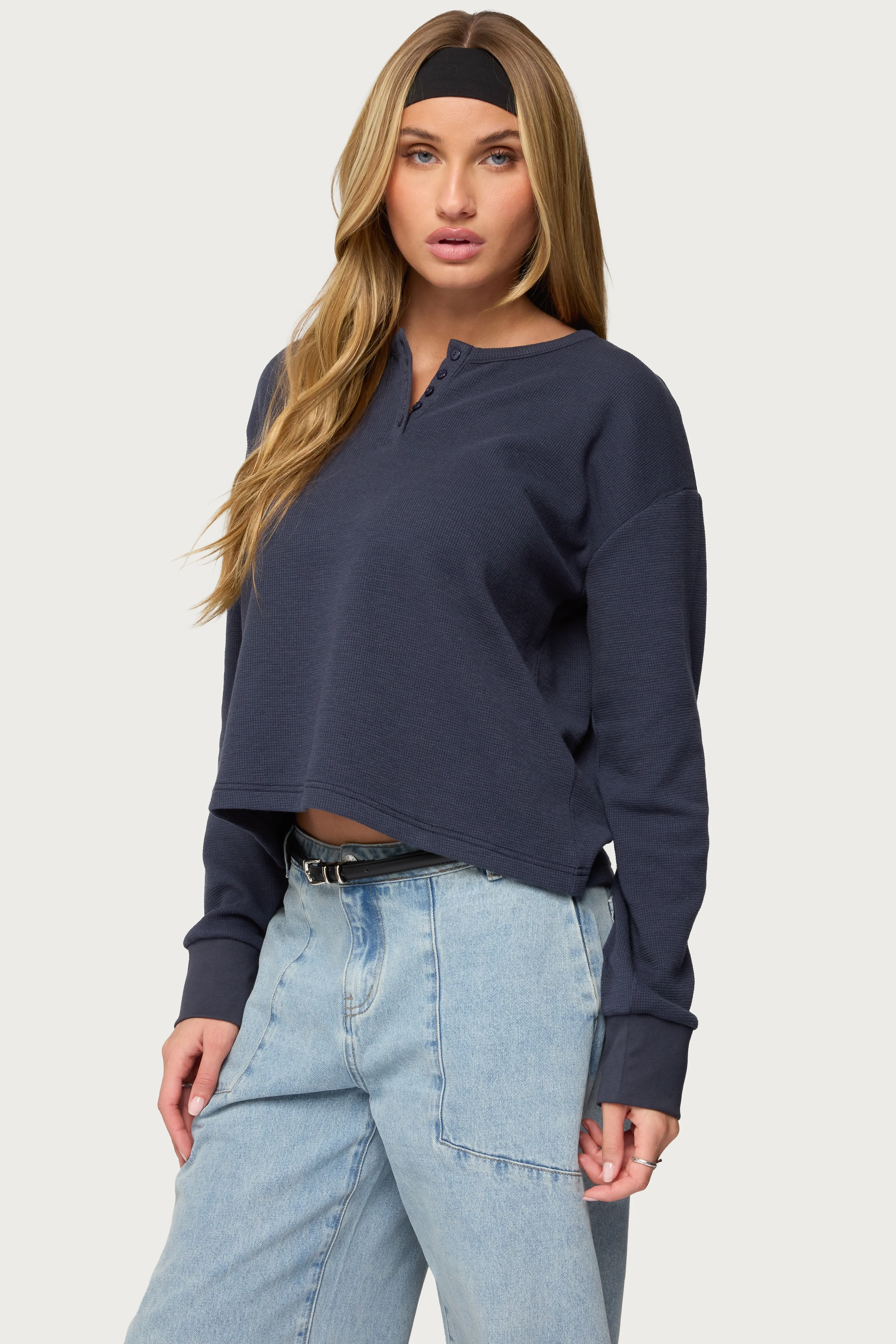 Deni Long Sleeve Henley Waffle Top - Image 3