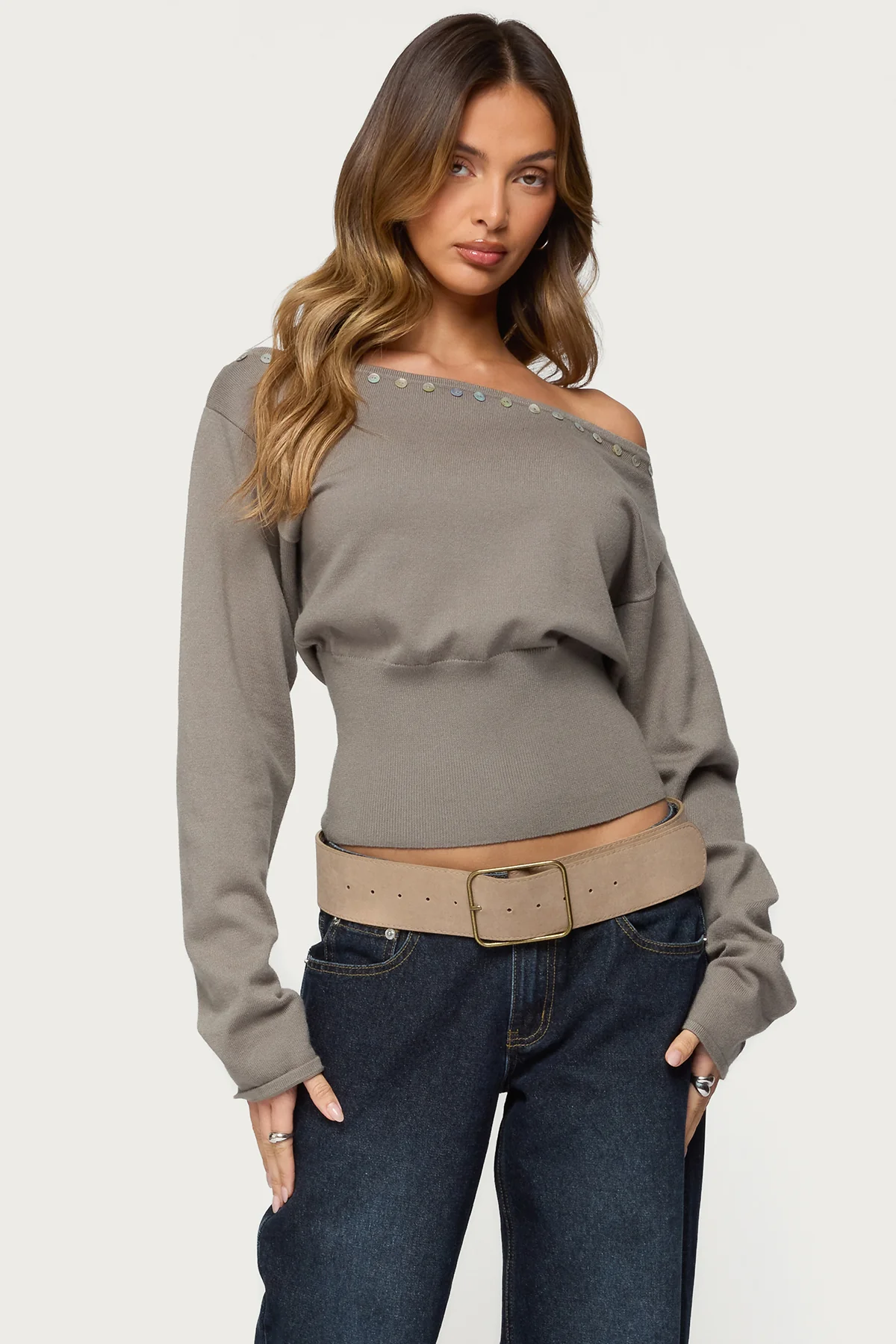 Carmela Iridescent Button Off Shoulder Sweater